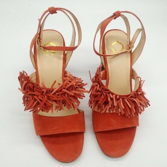 NIB C Wonder Slingback Tomato Red Wood Block Heels Leather Suede Fringe Sandal 8 - Picture 3 of 15